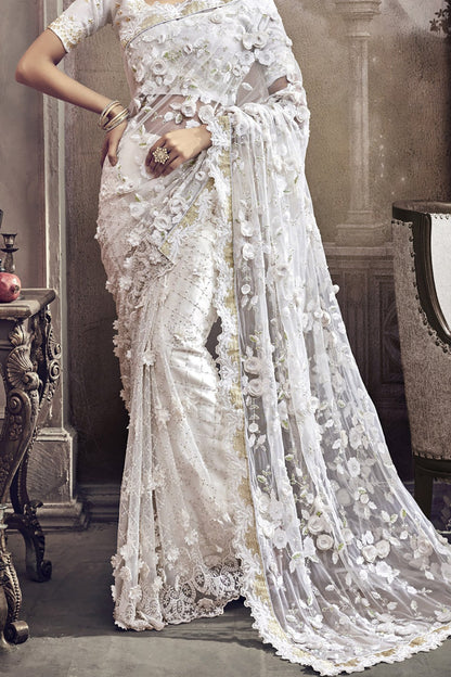 White colored net Designer Party Wear Saree