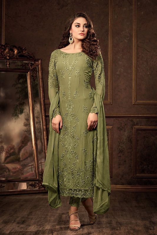 True Henna-Green Georgette suit with nice and gentle artwork