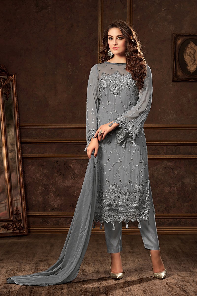 Stone-Blue Georgette suit featuring Pom Poms