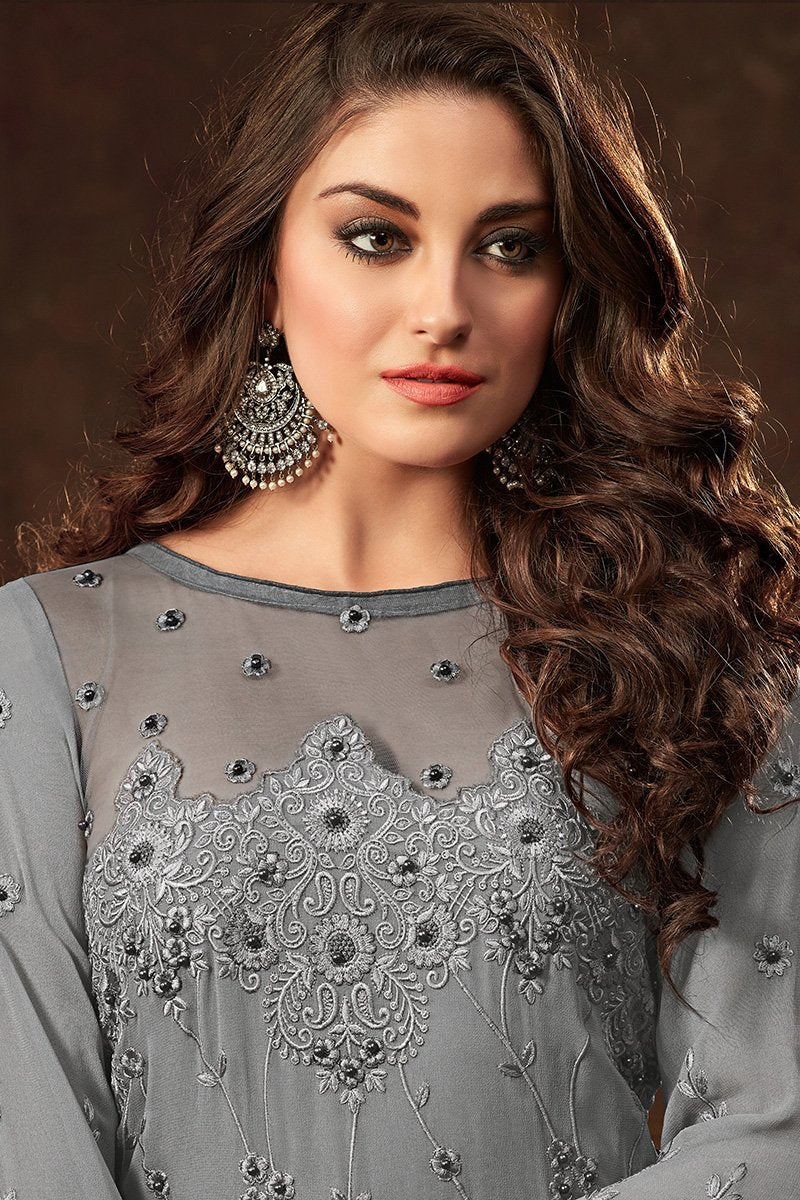 Stone-Blue Georgette suit featuring Pom Poms