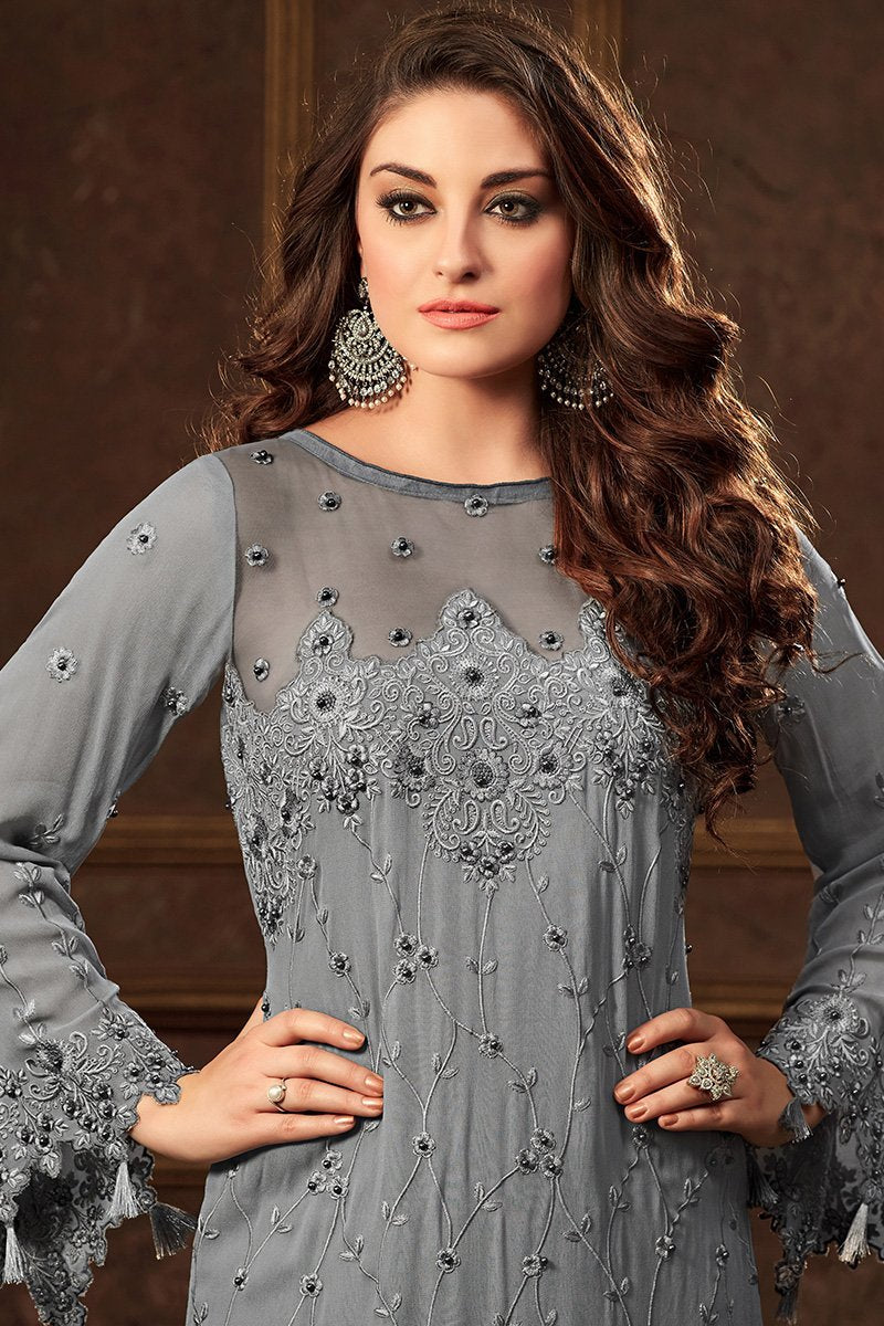 Stone-Blue Georgette suit featuring Pom Poms