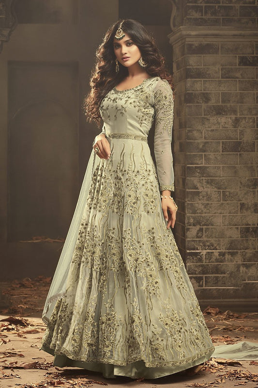 Pretty Cream Party Wear Anarkali Suit with Pants