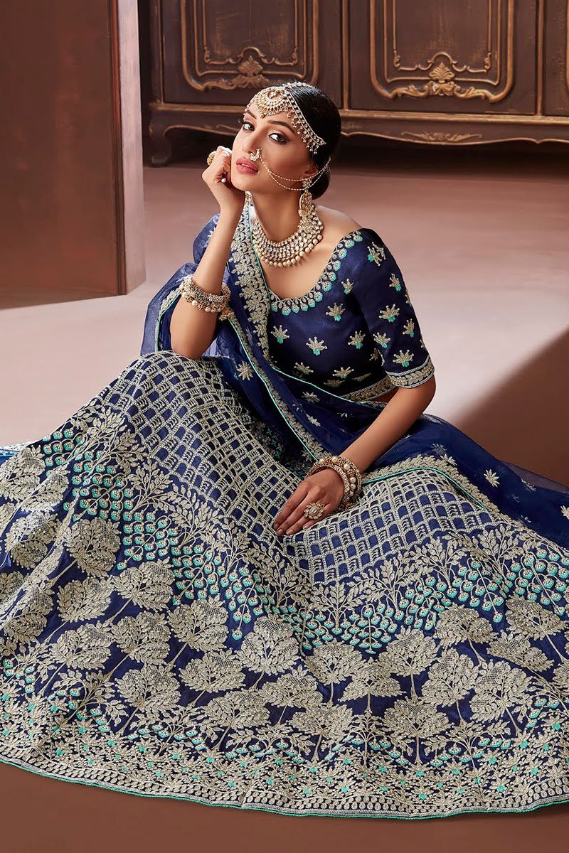 Navy Blue Apple Silk Party wear Lehenga Set