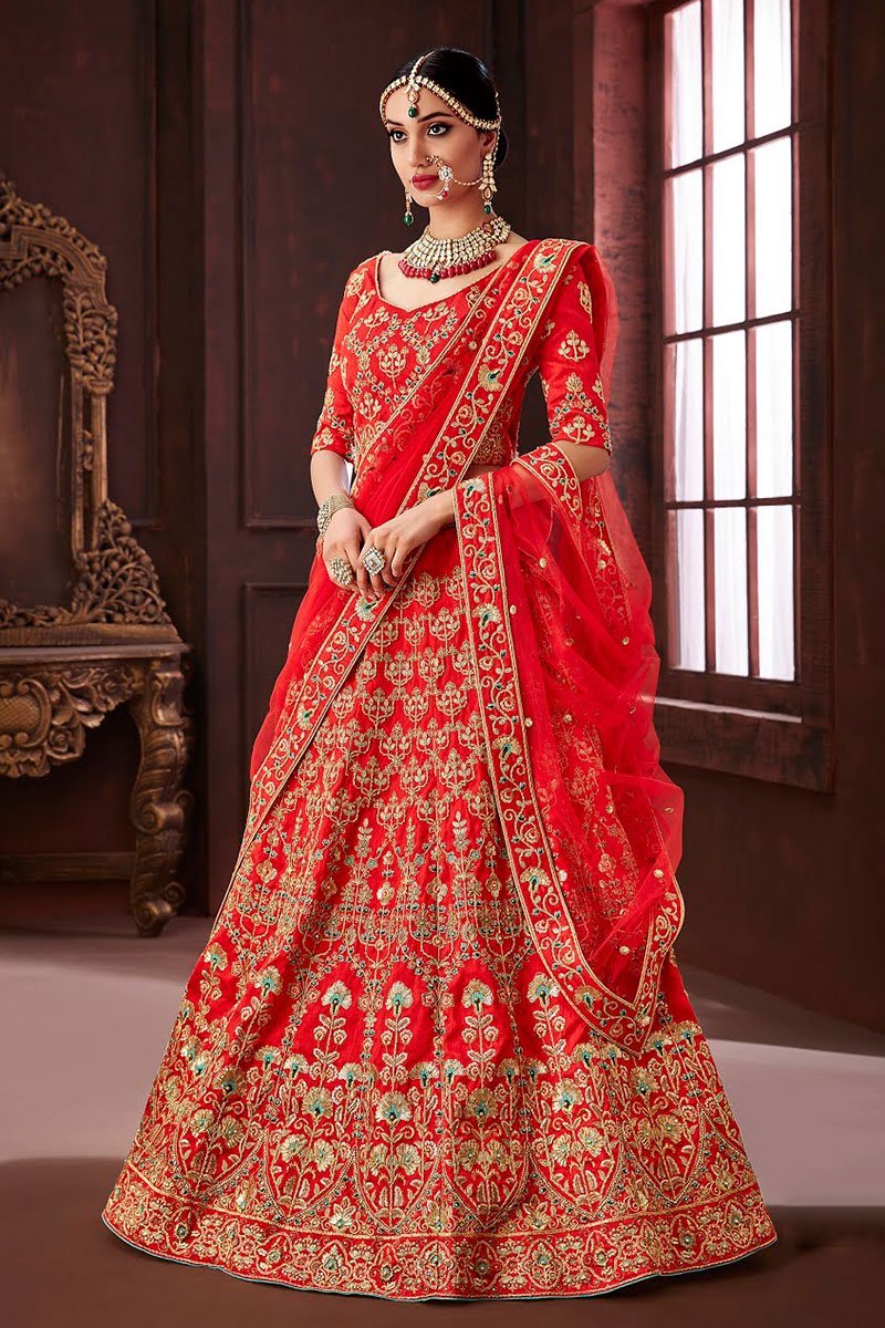 Red Silk Party Wear Lehenga Set