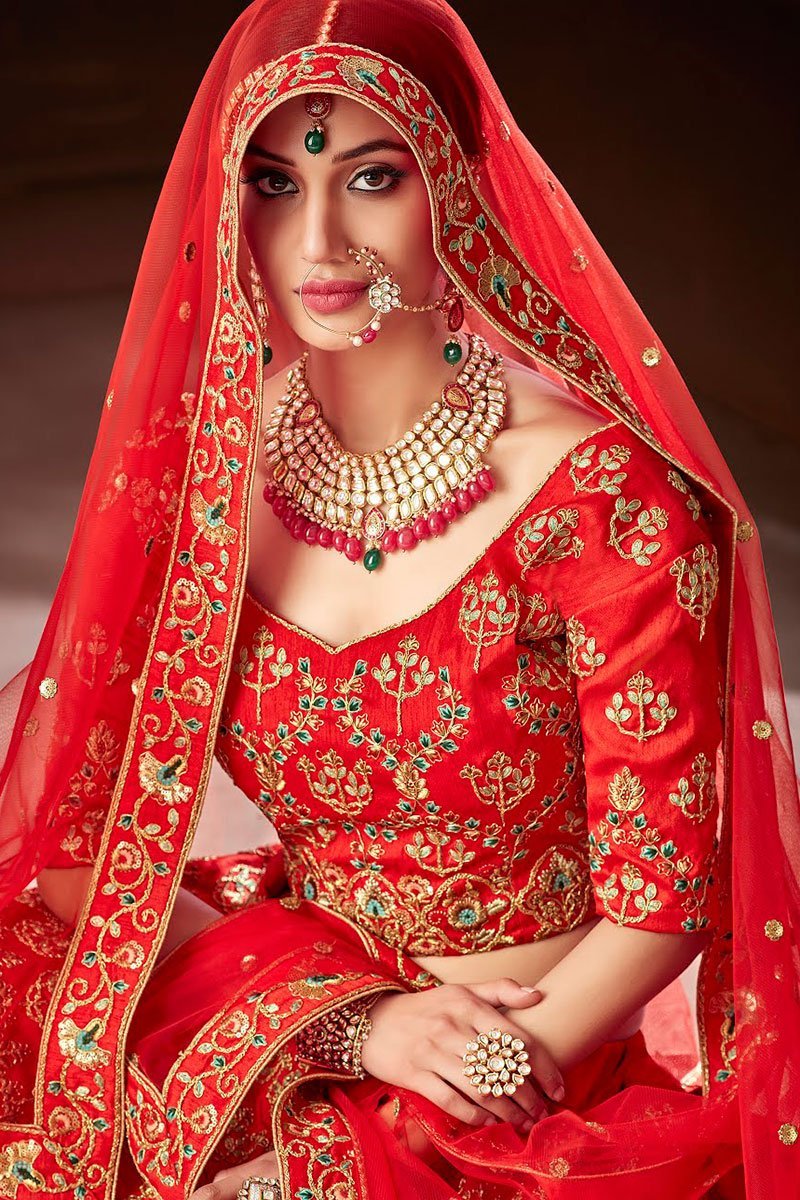 Red Silk Party Wear Lehenga Set