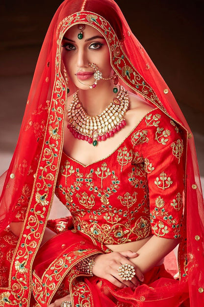 Red Silk Party Wear Lehenga Set