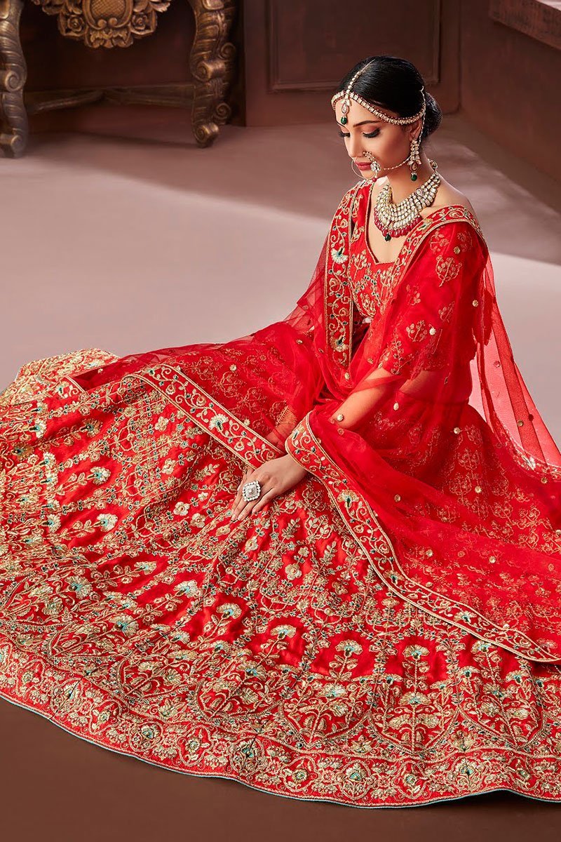 Red Silk Party Wear Lehenga Set