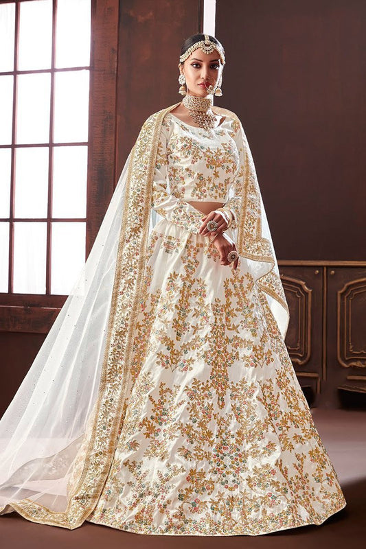 White Pure Silk Party Wear Lehenga Set