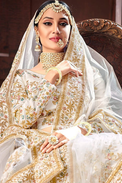 White Pure Silk Party Wear Lehenga Set