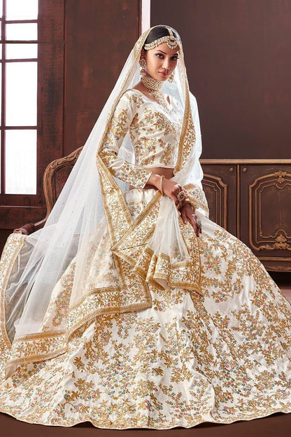 White Pure Silk Party Wear Lehenga Set