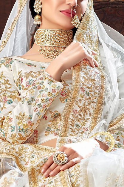 White Pure Silk Party Wear Lehenga Set