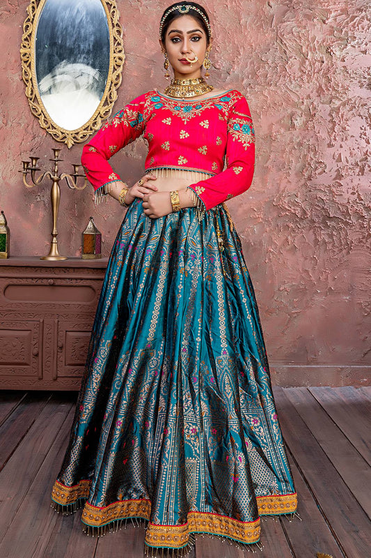 Morpich And Red Banarasi Silk Bridal Lehenga Choli