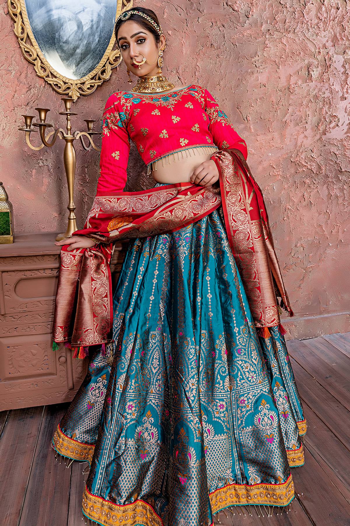 Morpich And Red Banarasi Silk Bridal Lehenga Choli