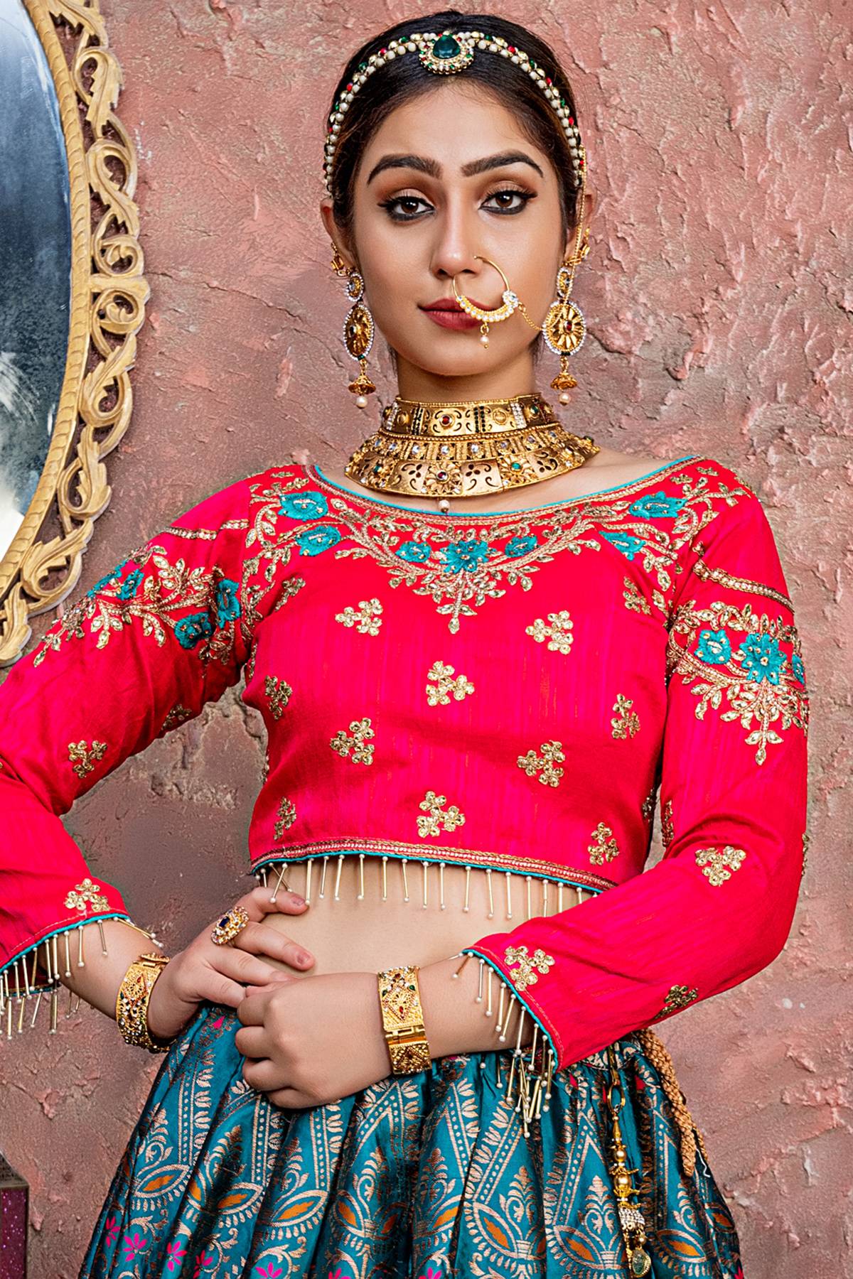 Morpich And Red Banarasi Silk Bridal Lehenga Choli