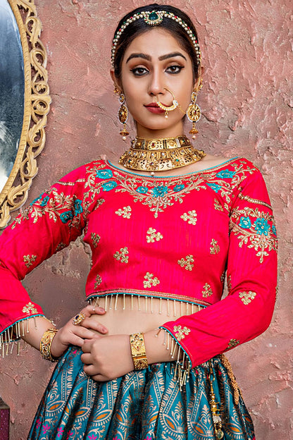 Morpich And Red Banarasi Silk Bridal Lehenga Choli