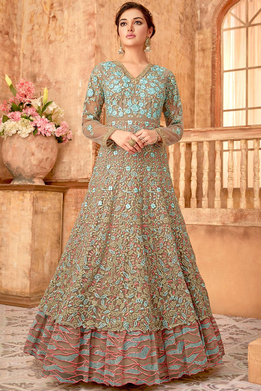 Mouse Brown Designer Party Wear Anarkali Suit