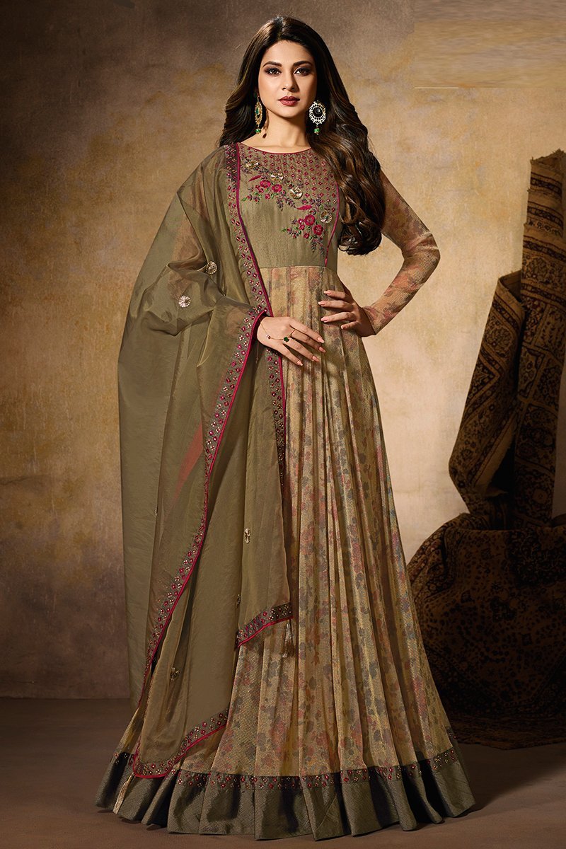 Greenish Grey Party Wear Anarkali Suit