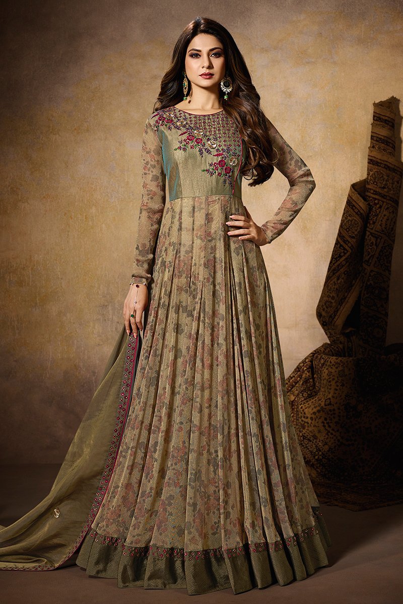 Greenish Grey Party Wear Anarkali Suit
