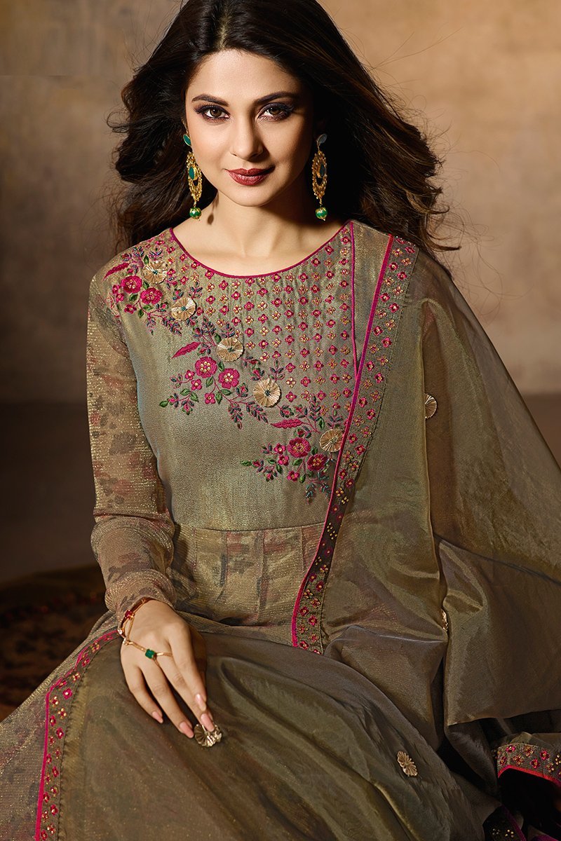 Greenish Grey Party Wear Anarkali Suit