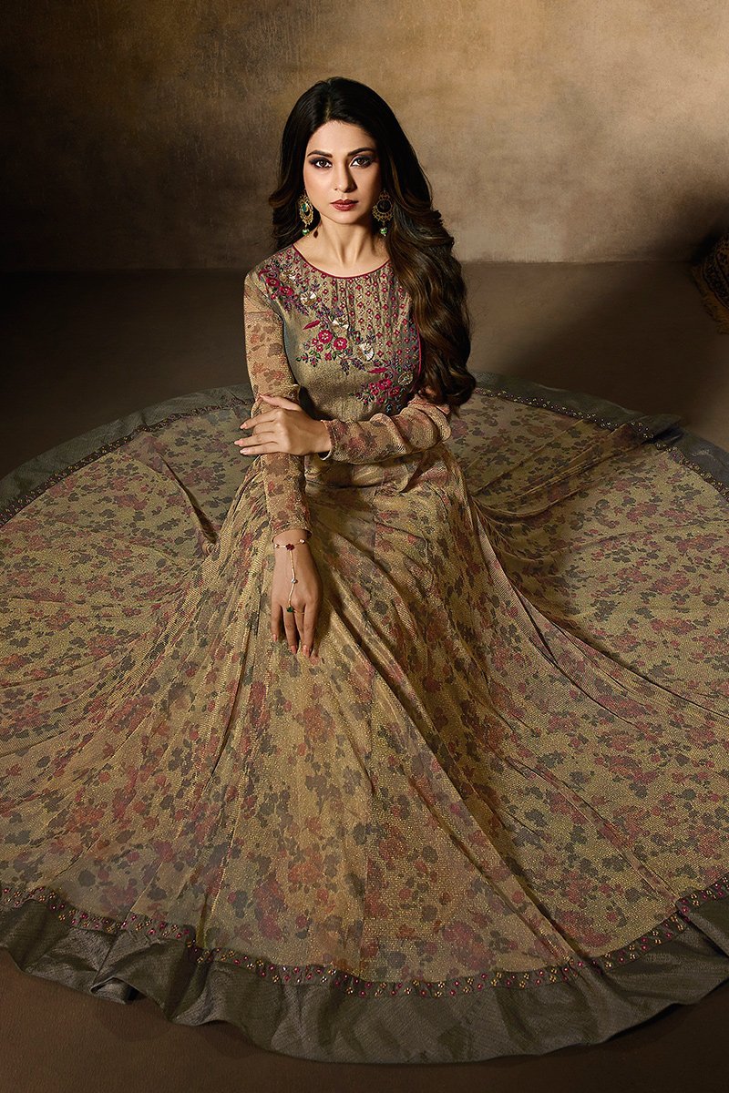 Greenish Grey Party Wear Anarkali Suit