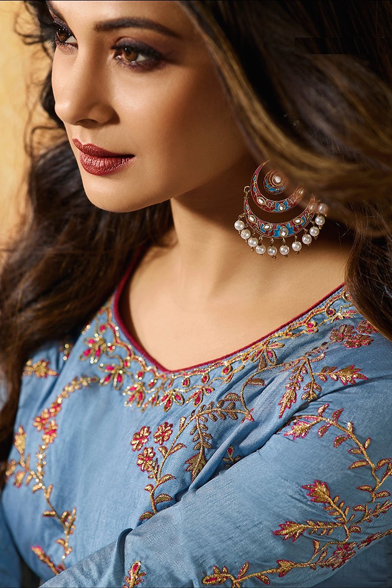 Sapphire Blue Party Wear Anarkali Style Suit