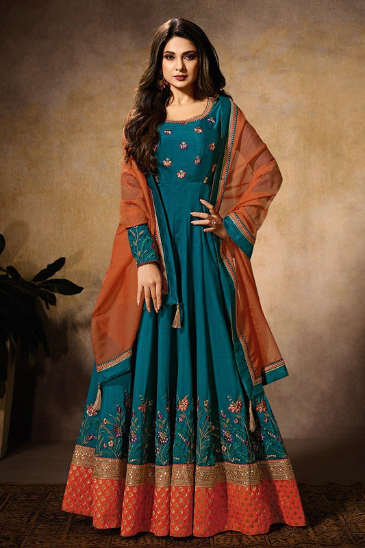 Blue and Orange Party Wear Anarkali Style Suit