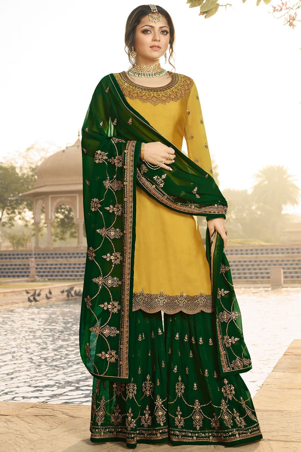 Mustard and Forest Green Embroidered Sharara Suit