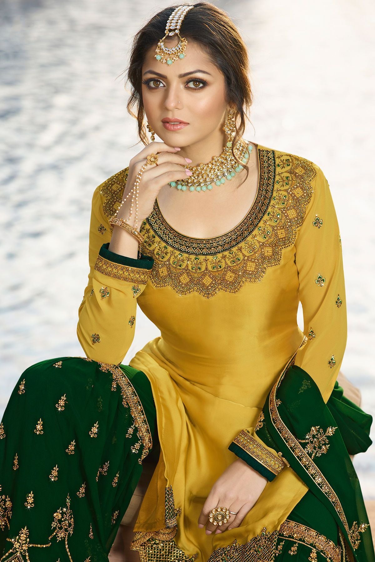 Mustard and Forest Green Embroidered Sharara Suit