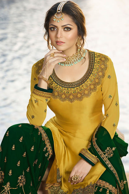 Mustard and Forest Green Embroidered Sharara Suit