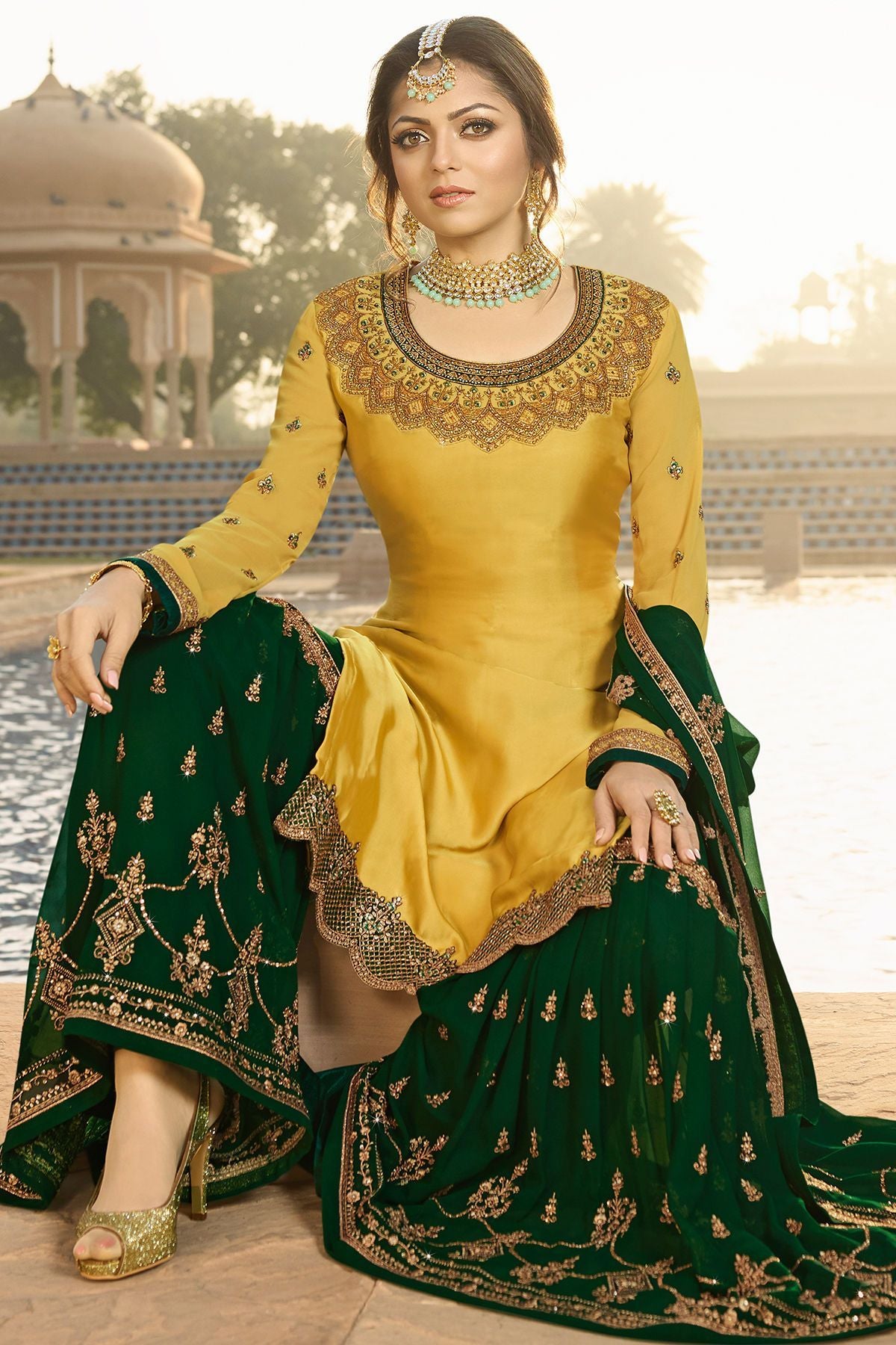 Mustard and Forest Green Embroidered Sharara Suit