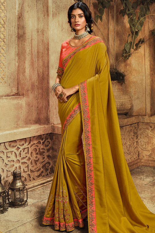 Mustard And Gajari Green Designer Silk Sari