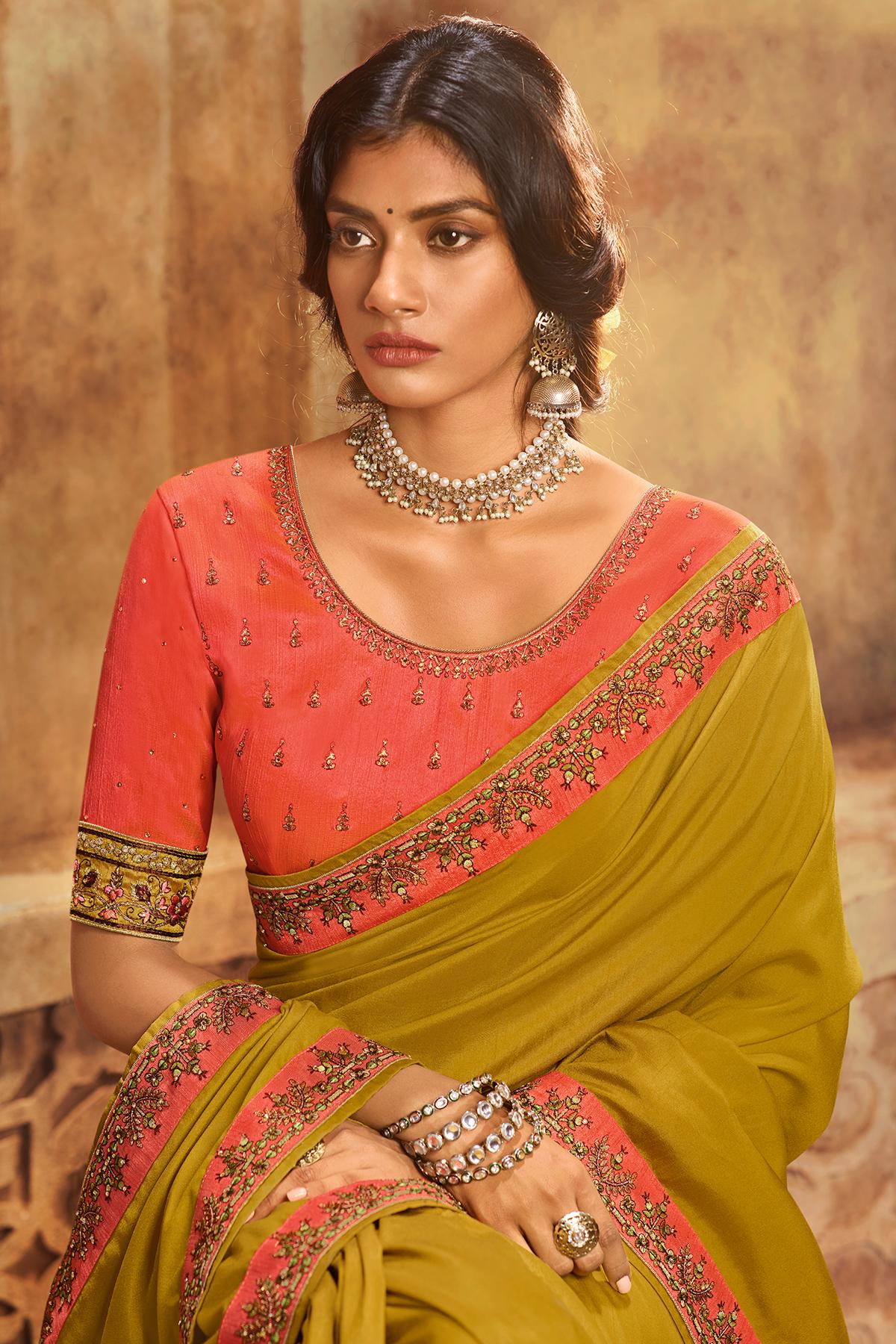Mustard And Gajari Green Designer Silk Sari