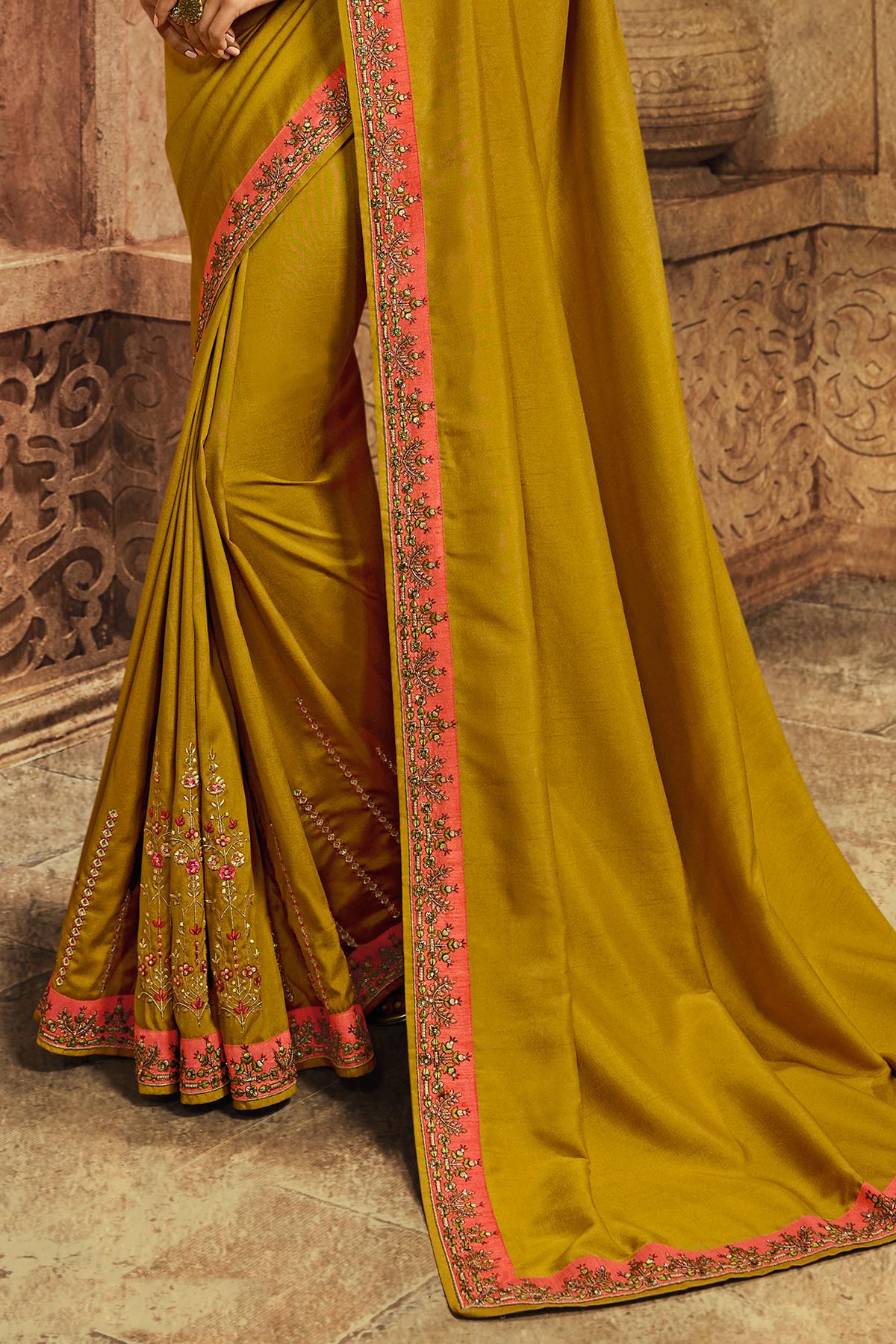 Mustard And Gajari Green Designer Silk Sari
