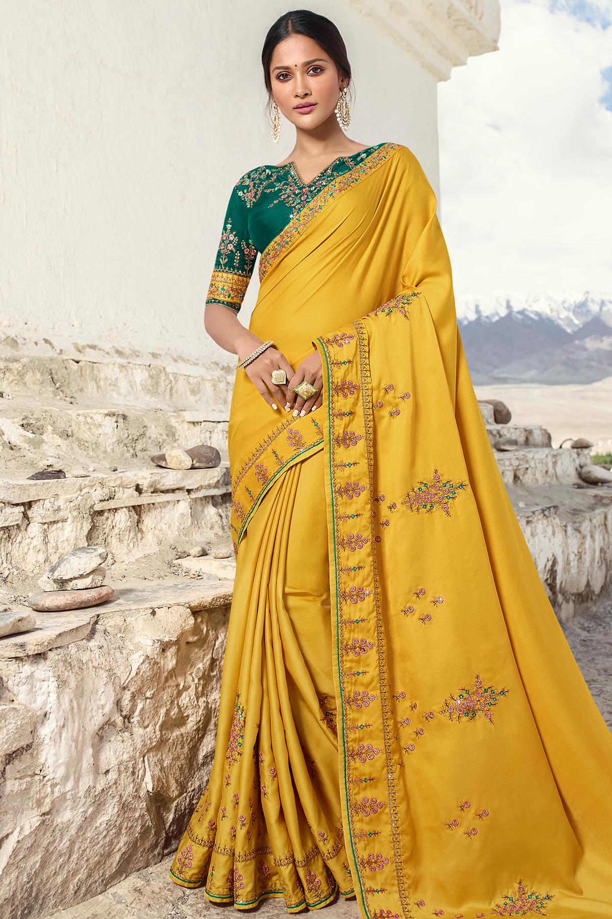 Mustard And Green Designer Silk Sari