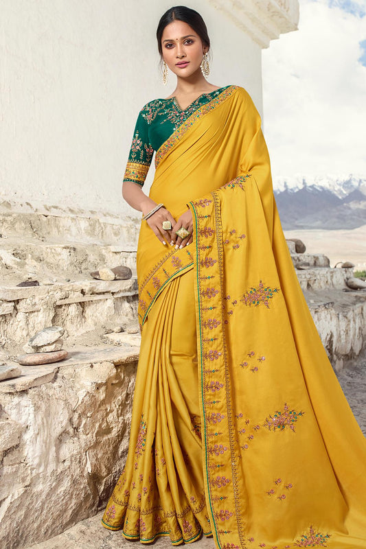 Mustard And Green Designer Silk Sari