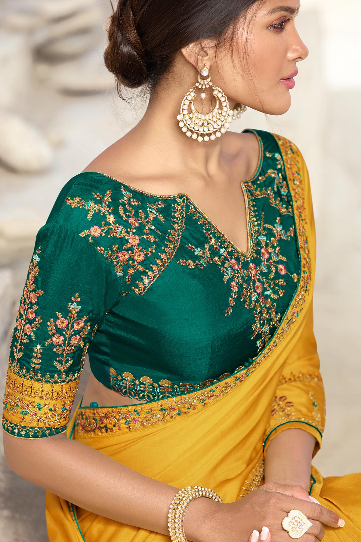 Mustard And Green Designer Silk Sari