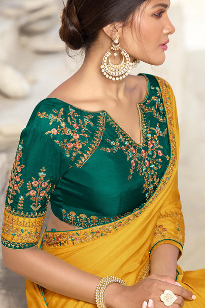 Mustard And Green Designer Silk Sari