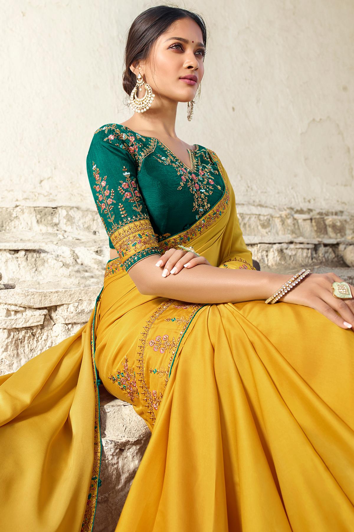 Mustard And Green Designer Silk Sari