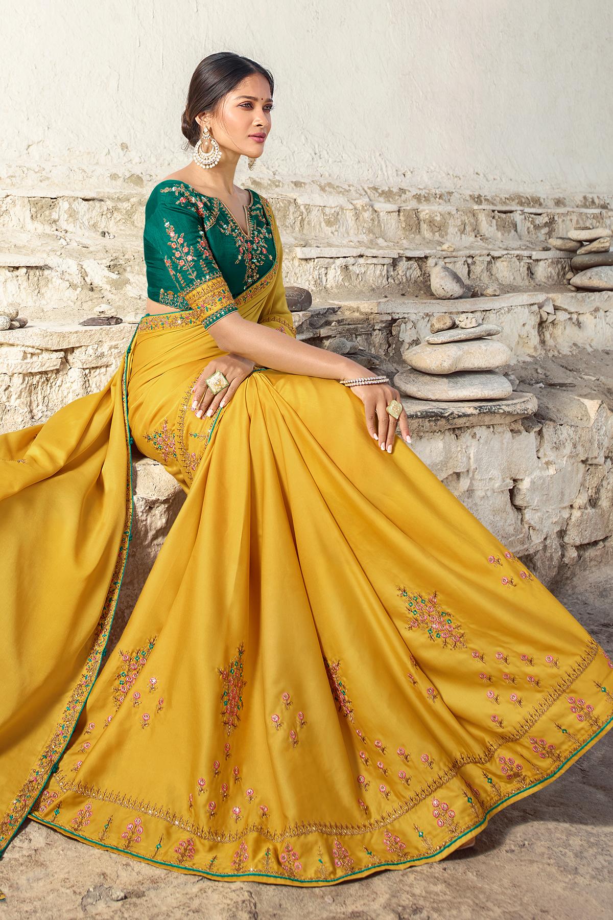 Mustard And Green Designer Silk Sari