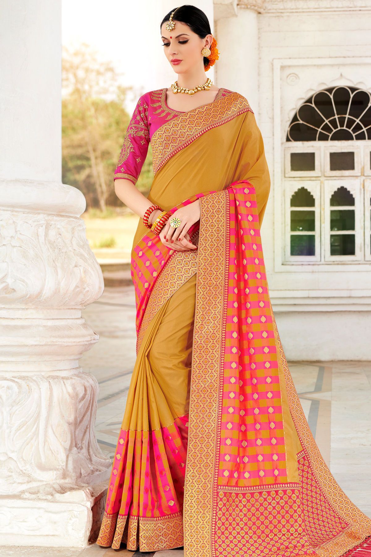 Mustard and Magenta Designer Sari