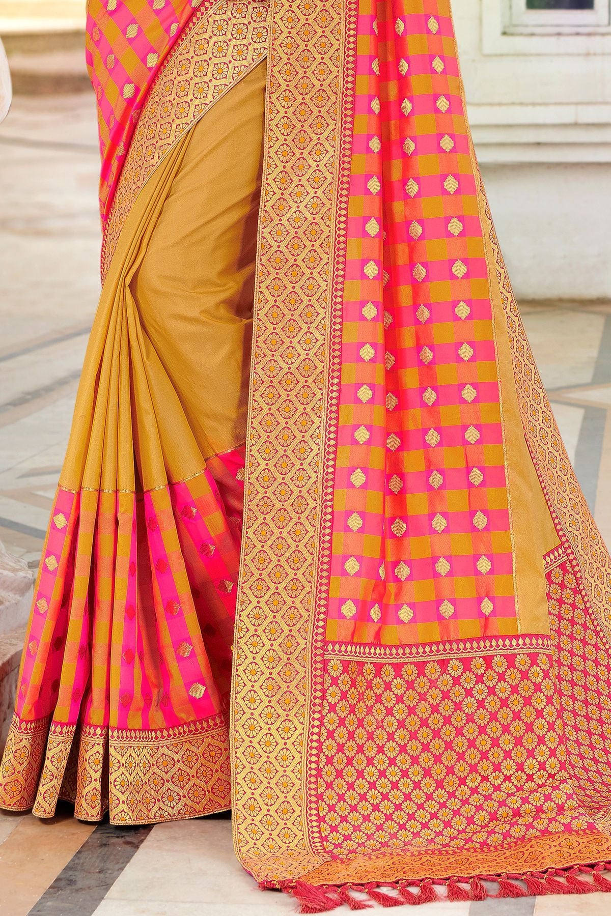 Mustard and Magenta Designer Sari