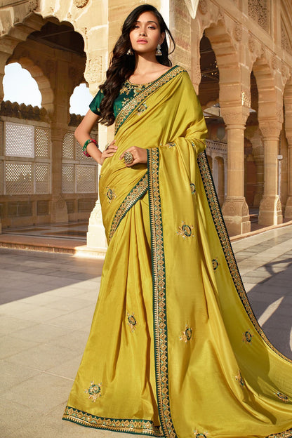Mustard and Pine Green Dola Silk Sari