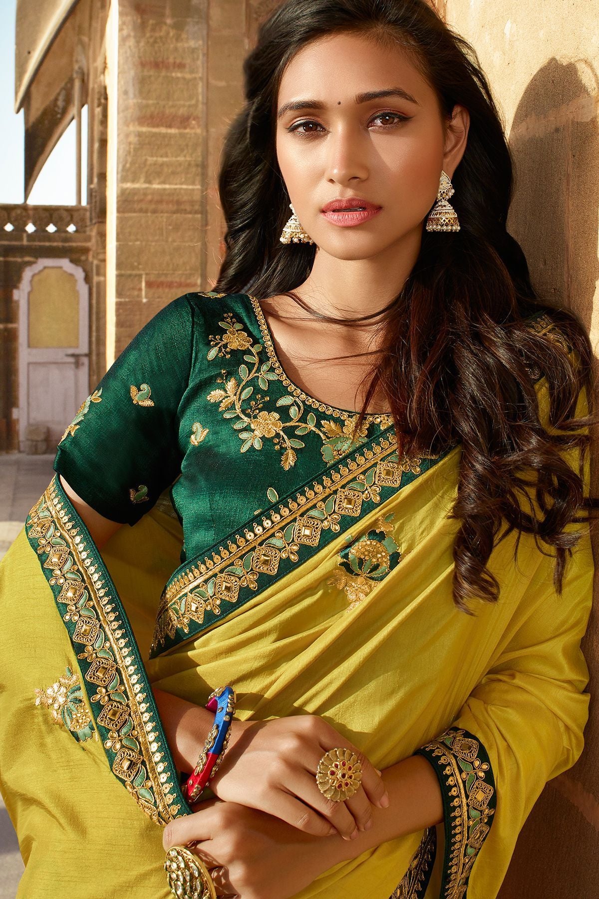 Mustard and Pine Green Dola Silk Sari