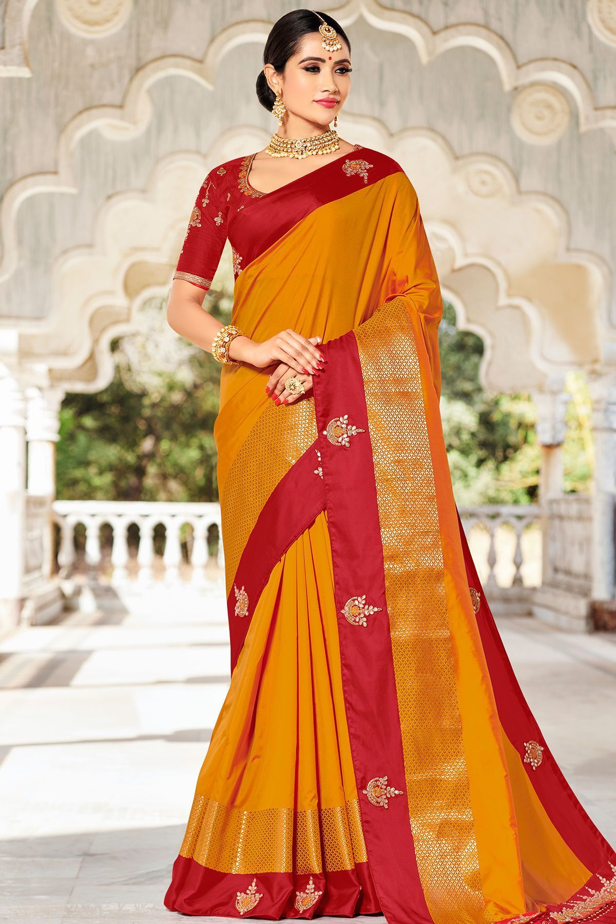 Mustard and Scarlet Red Designer Sari