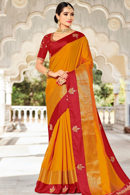 Mustard and Scarlet Red Designer Sari