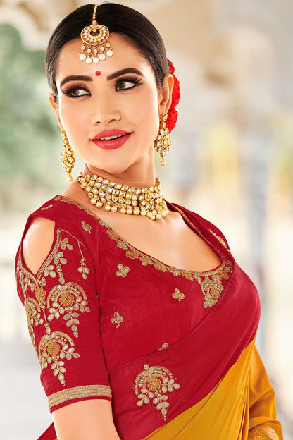 Mustard and Scarlet Red Designer Sari