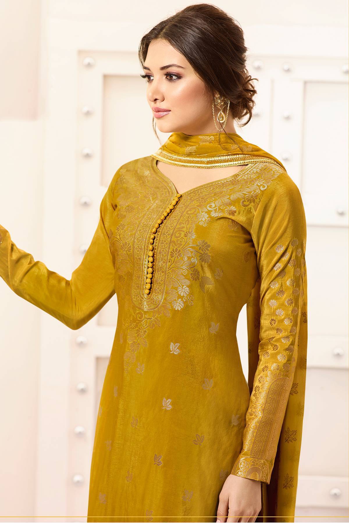 Mustard Designer Silk Palazzo Suit