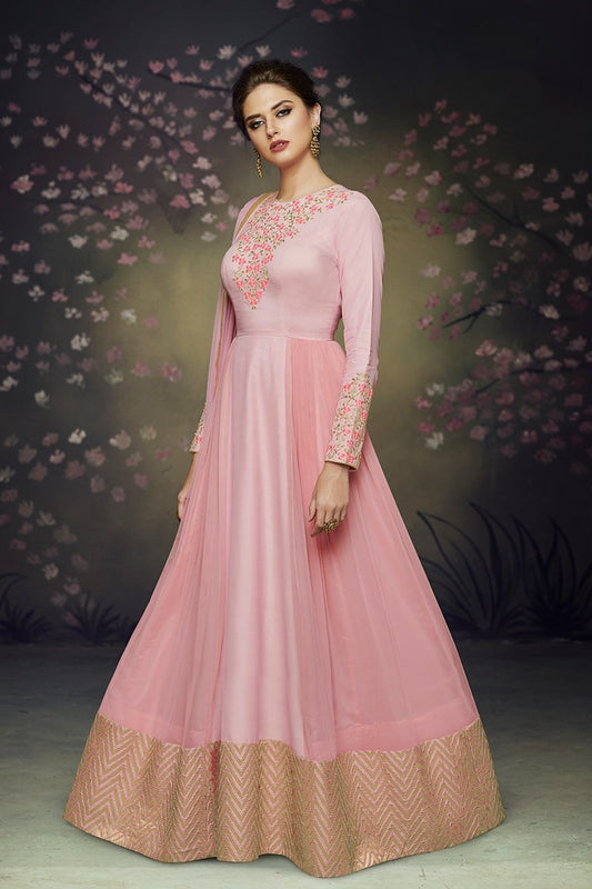 Lovely Pink Party Wear Satin Silk Gown
