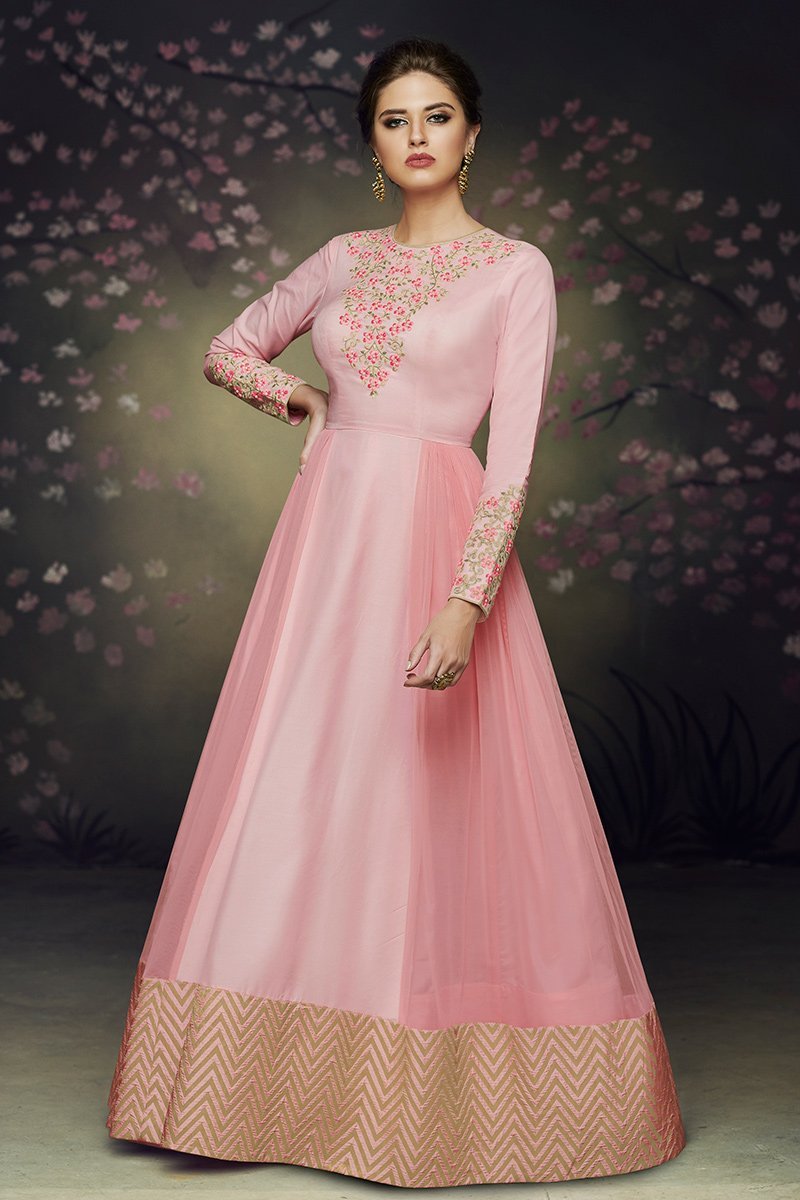 Lovely Pink Party Wear Satin Silk Gown