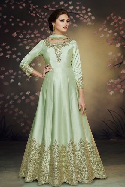 Charming Green Party Wear Satin Silk Gown